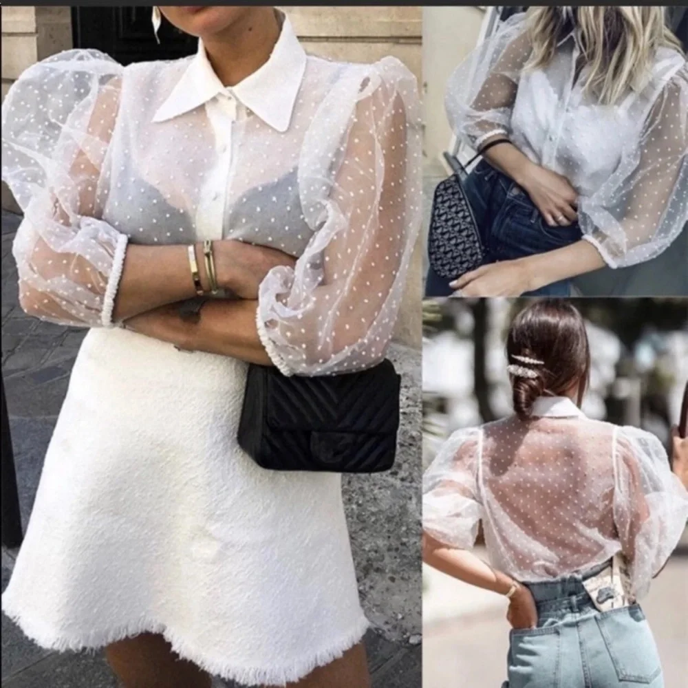 Zara White Swiss Dot Sheer Puff Sleeve Organza Button Up Blouse, Sz S